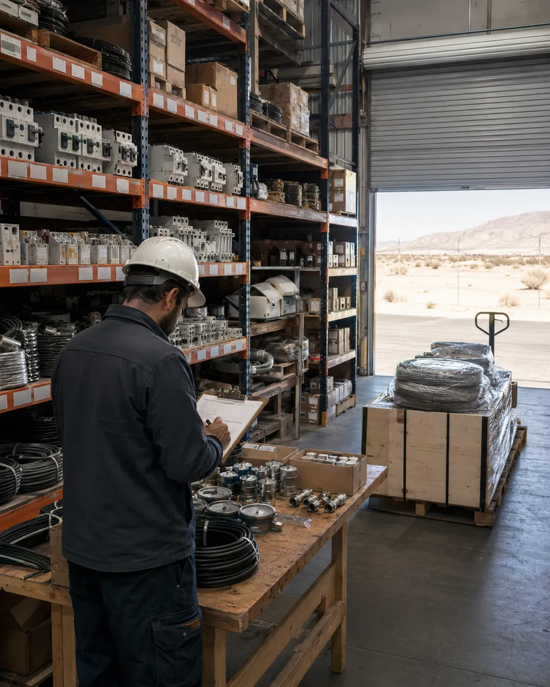 Bodega de suministros técnicos con un pedido preparándose para despacho