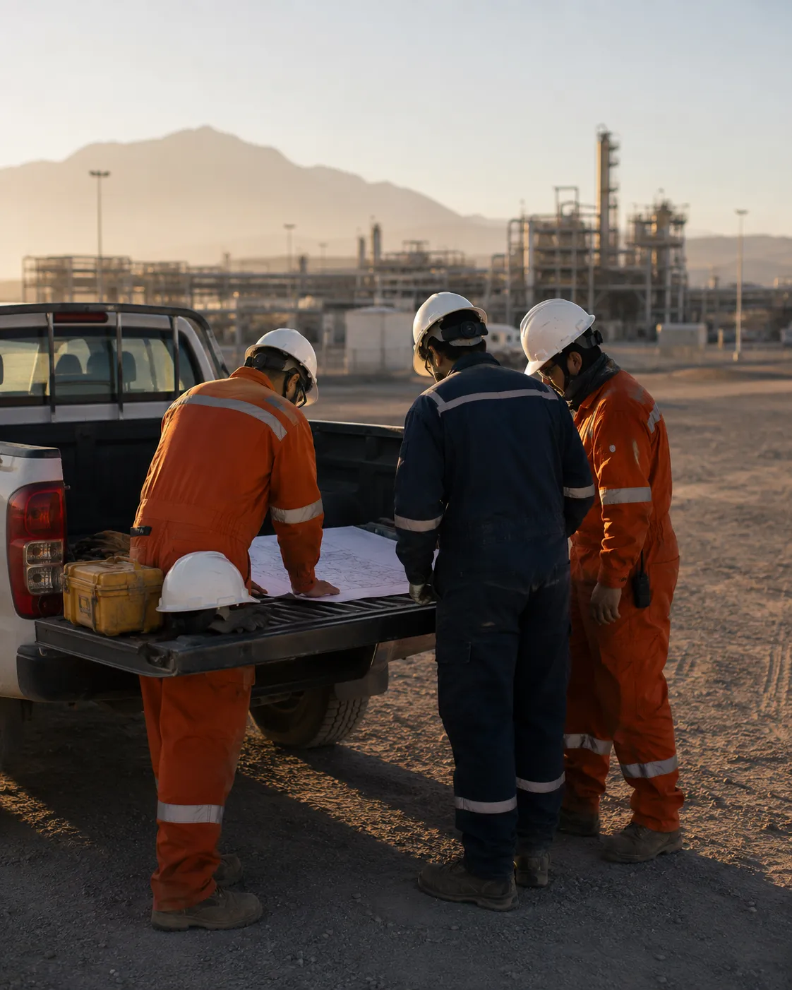 Tres técnicos revisando un plano sobre el portón de la camioneta al inicio de turno
